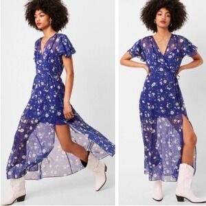 French Connection Jasmine Chiffon Floral Faux Wrap Maxi Dress Blue Size 12 NWT